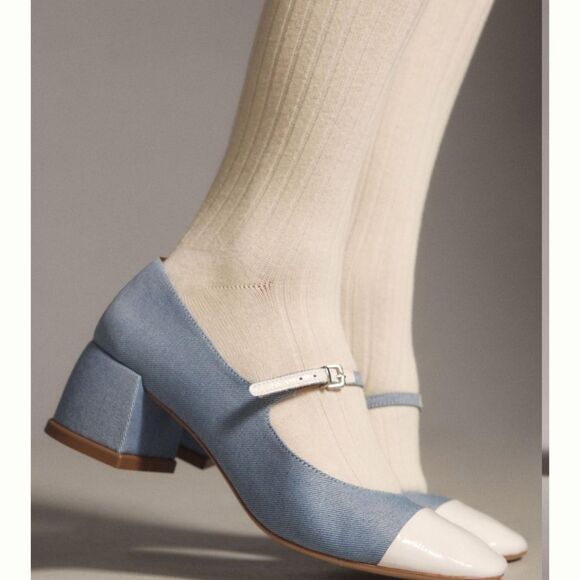 Anthropologie Vicenza Blue White Textile Buckled Strappy Mary Janes Chunky Heels - Picture 5 of 9